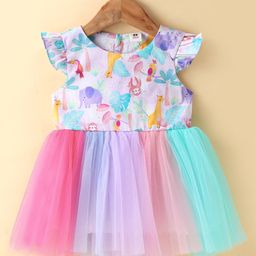 ToffyHouse 100% Cotton Woven Half Sleeves Party Frock with  Wild Animal Print - Multicolour-picture-45