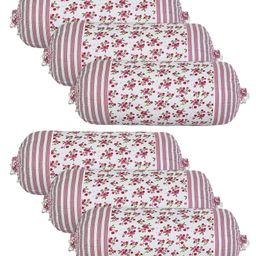 Kuber Industries Bolster Covers Cotton Bolster Cover Set Diwan Bolster Cover Set Bolster Pillow Cover Pink Flower Masand Cover 16x32 Inch Pack of 6 White-2