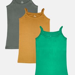 Kiddopanti Pack Of 3 Sleeveless Solid Camisoles - Dark Grey Brown & Green-image-64