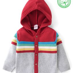 Babyhug Full Sleeves Front Open Hooded Sweater With Stripes & Colour block Design - Red & Grey-image-7