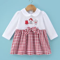 ToffyHouse Cotton Knit Full Sleeves Mandarin Collar Frock with Bow Applique & Doll Patch - White & Red-image-34