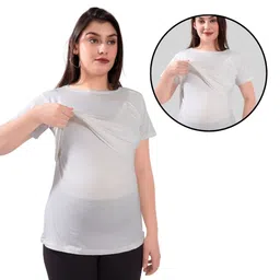 TUMMY Half Sleeves Solid Maternity Nursing Pull On Top With Nursing Access - White-picture-4