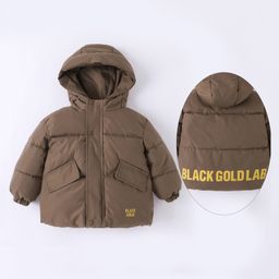 Kookie Kids Full Sleeves Front Open Padded Hooded Jacket with Quilted Design & Text Print - Brown-image-9
