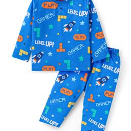 Babyhug Cotton Knit Full Sleeves Text Printed Night Suit - Blue-image-10
