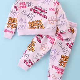 Doreme Cotton Knit Full Sleeves Text Printed Top & Lounge Pants Co-Ord Set - Baby Pink-picture-47