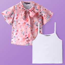 Pine Kids Woven Half Sleeves Floral Printed Top With Inner Slip & Bow Applique - Pink-image-33