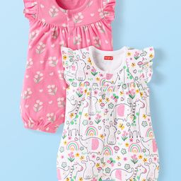 Babyhug 100% Cotton Knit Frill Sleeves Front Open Romper with Floral Print Pack of 2 - Pink & White-image-86