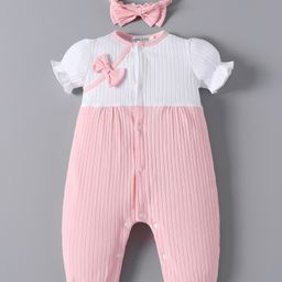 Mark & Mia Cotton Half Puffed Sleeves Romper with Bow Applique & Headband - Pink-image-99