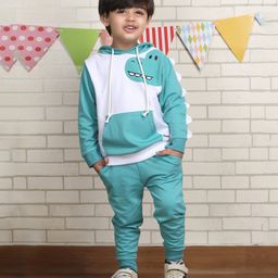 Polka Tots Cotton Full Sleeves Dinosaur Designed Hooded Tee With Joggers Set - White & Turquoise-image-45