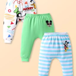Babyhug Disney Interlock Knit Diaper Leggings With Mickey Mouse Graphics Pack of 3 - White Green & Light Blue-image-20