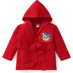 Babyhug Velour Terry Knit Full Sleeves Hooded Bath Robe with Lion Embroidery - Red-image-76