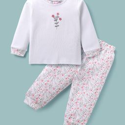 Kookie Kids 100% Cotton Knit Full Sleeves T-Shirt & Lounge Pant Set with Floral Print & Embroidery - White-image-54