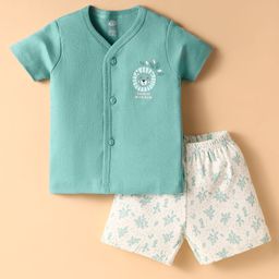 Zero Interlock Knit Front Open Half Sleeves Shorts Night Suit With Animal & Tropical Print - Teal & White-2