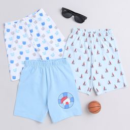 BUMZEE Cotton Woven Above Knee Length Shorts with Bear & Ship Print Pack of 3 - Light Blue & White-picture-35