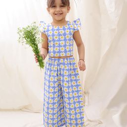 BownBee Pure Cotton Cap Sleeves Floral Printed Coordinating Top & Culottes Set - Blue-image-92