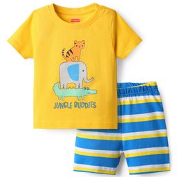 Babyhug Cotton Knit Half Sleeves Shorts Night Suit With Animal Print - Yellow & Blue-image-54