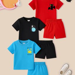KUCHIPOO Cotton Pack Of 3 Half Sleeves Crab & Space Theme Printed Tees & Shorts Set - Blue Red & Black-26