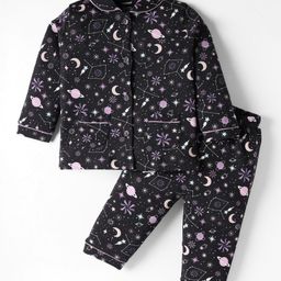 CUCUMBER Sinker Knit Full Sleeves Co-Ord Night Suit With Space Theme Print - Black-picture-11