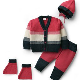 Babyhug Knit Full Sleeves Front Open Sweater Set with Color Block Design Cap with Knot & Booties - Dark Pink White & Black-picture-49