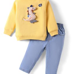 Little Kangaroos Cotton Knit Full Sleeves Winter Wear T-Shirt & Lounge Pant Set With Dino Applique - Yellow & Blue-picture-18