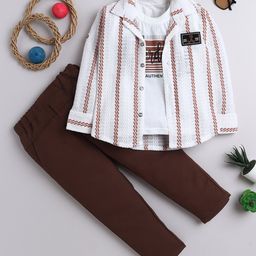 Fourfolds Cotton Blend Woven Full Sleeves Chevron Crochet Shirt & Pant With Tee Set - Brown-image-98