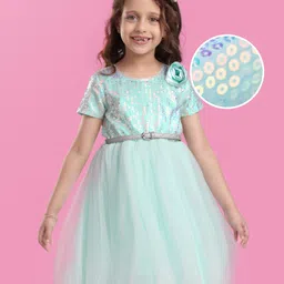 Hola Bonita Knit Half Sleeves Glitter Mesh Party Dress With Sequin Detailing & Floral Applique - Light Blue-picture-14
