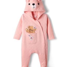 Babyhug Cotton Knit Full Sleeves Hooded Footed Winter Wear Romper with Bear Print & Ear Applique - Pink-picture-0