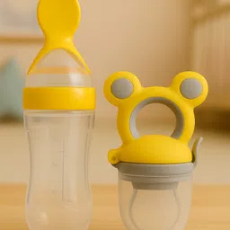Badal Kidz Presents Combo BPA Free Silicone Spoon Bottle & Fruit/Food Nibbler-Yellow & Yellow-picture-6