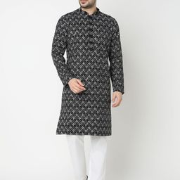Ethnicity Men Geometric Printed Mandarin Collar Regular Straight Calf Length Kurta Set-picture-28