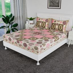 RUBOXA Beige & Pink Floral Printed Cotton 144 TC King Bedsheet Set-2.72 m x 2.55 m-image-9