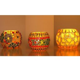 Somil Vibrant Multicolor Glass Candle Holder Add A Touch Of Magic To Diwali, Parties & Candlelight Dinners, Size-8.5 X 8.5 X 7 Cm , 11 X 11 X 8 Cm , 9.5 X 9.5 X 7 Cm Pack OF 3-image-33