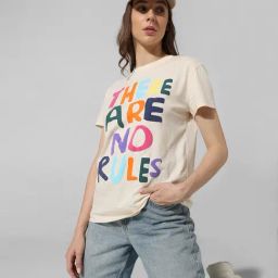 Only Beige Cotton Graphic Print T-Shirt-image-101
