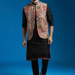 VASTRAMAY Mandarin Collar Straight Kurta With Pyjama And Thread Work Nehru Jacket-image-30