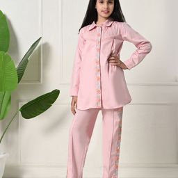 Bella Moda Girls Embroidered Pure Cotton Shirt With Trousers-image-46
