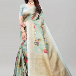 Satrani Blue Floral Print Saree With Unstitched Blouse-image-62