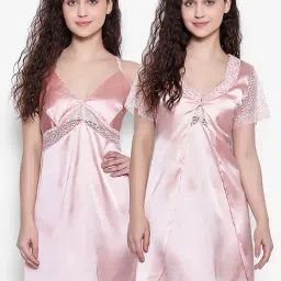 Clovia Cream Self Pattern Babydoll Robe Set-image-33