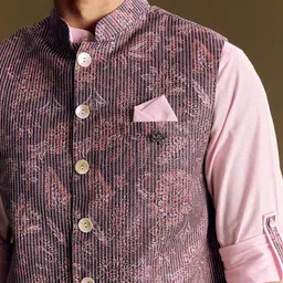 KALKI Fashion Men Floral Printed Linen Kurta with Trousers & Nehru Jacket-picture-34