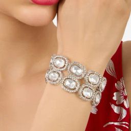 Zaveri Pearls Silver Tone Dazzling Austrian Diamonds & Stones Broad Bracelet-ZPFK17579-16