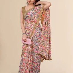 Winza Designer Beige Printed Saree with Unstitched Blouse-picture-11
