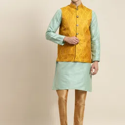 SOJANYA Men Sea Green Striped Kurta with Churidar & Nehru Jacket-picture-39