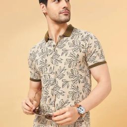 Byford by Pantaloons Apricot Wash Cotton Blend Slim Fit Print Polo T-Shirt-image-70
