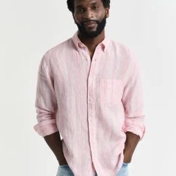 GANT Men Button-Down Vertical Striped Linen Casual Pink Shirt-image-10