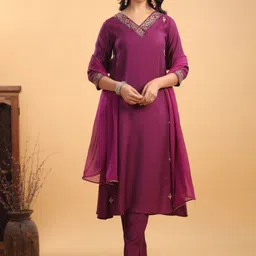 Janasya Women Floral Embroidered Regular Sequinned Kurta with Trousers & With Dupatta-picture-17