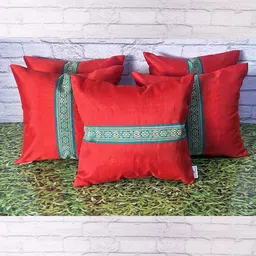 Pink Parrot Red & Blue 5 Pieces Ethnic Motifs Jacquard Silk Square Cushion Covers-image-81