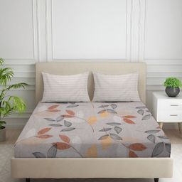 Nivasam Grey & Brown Floral Printed Cotton 400 TC Fitted King Bedsheet Set 1.98 m x 1.82 m-image-66