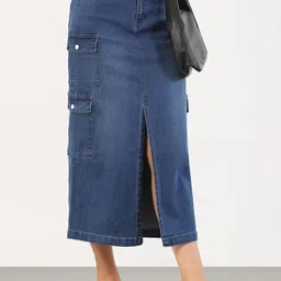 SHOWOFF Denim Front Slit Pencil Midi Skirt-image-99