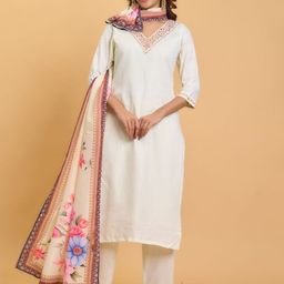 DIVASTRI Women Solid Embroidered Regular Kurta with Trousers With Dupatta-17