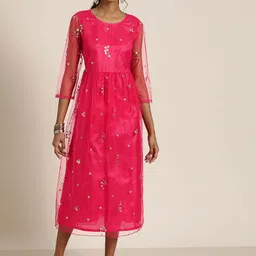 Shae by SASSAFRAS Fuchsia & Gold-Toned Ethnic A-Line Midi Dress-picture-11