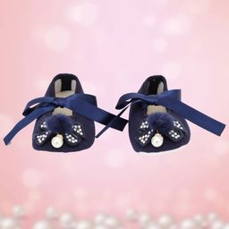 Coco Candy Stones Bow & Furry Pom Pom Detailing Ribbon Tie Up Party Wear Booties - Blue-image-21