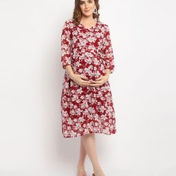 Moms Maternity Three Fourth Sleeves Seamless Tropical Flower Printed Fit & Flare Maternity Midi Dress - Maroon-image-18